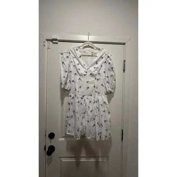 La Vie Rebecca Taylor White Floral Mini Dress | Puff Sleeve Dress M 17” PTP - Picture 2 of 4